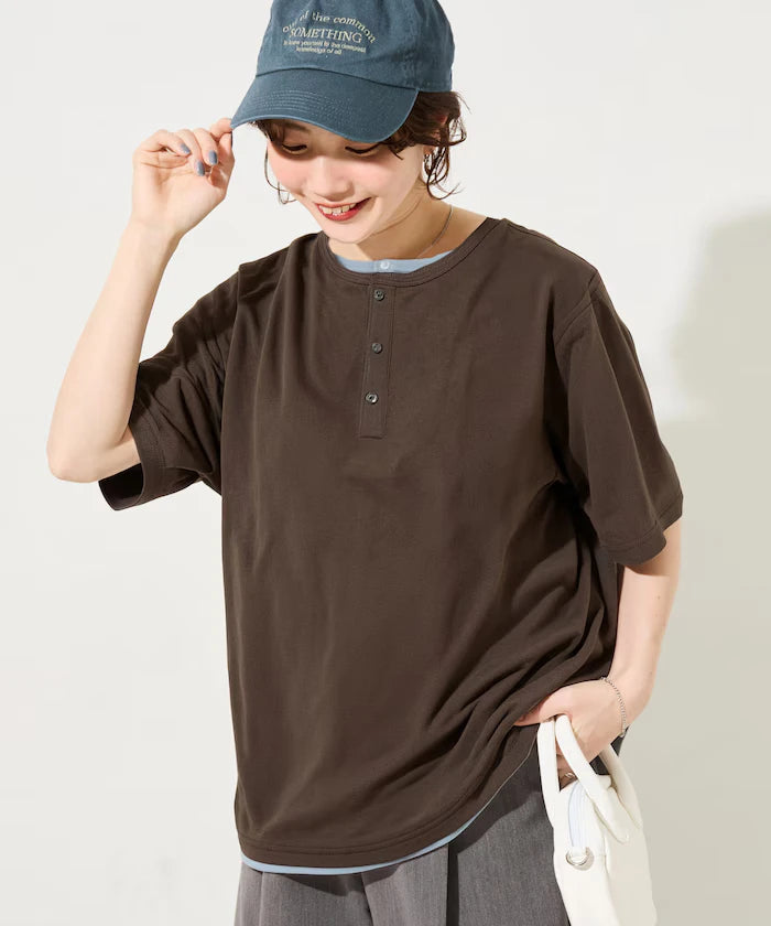 Fake Layered Henry Neck Cut-and-sew Short Sleeve T-shirt [Limited Edition]