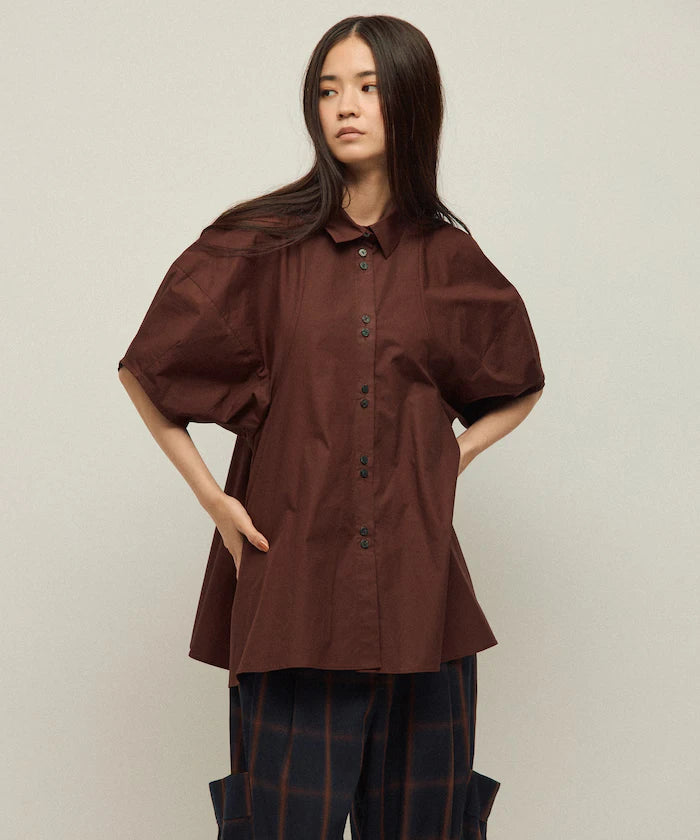Switching Design Balloon Sleeve Shirt / 5-Minute Sleeve Blouse
