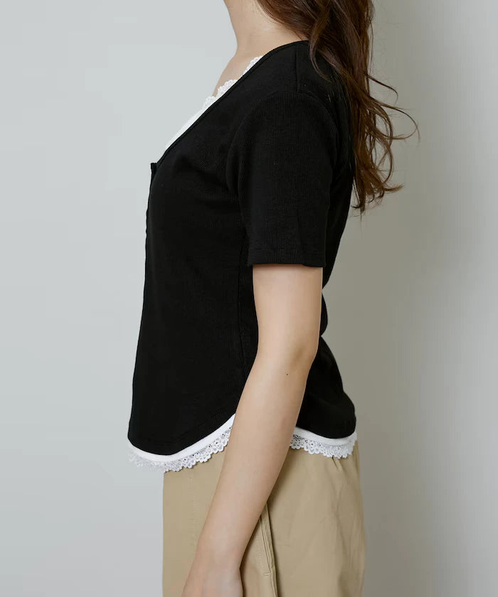 Short Sleeve Lace Layered Style Henley Neck T-Shirt Limited Edition