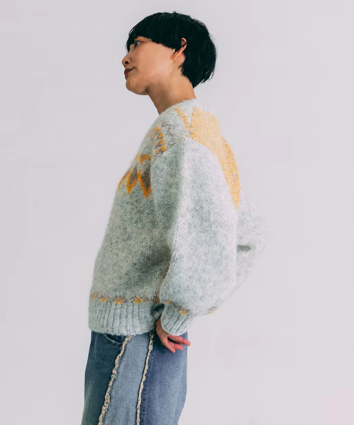 V-neck color block Nordic pattern knit