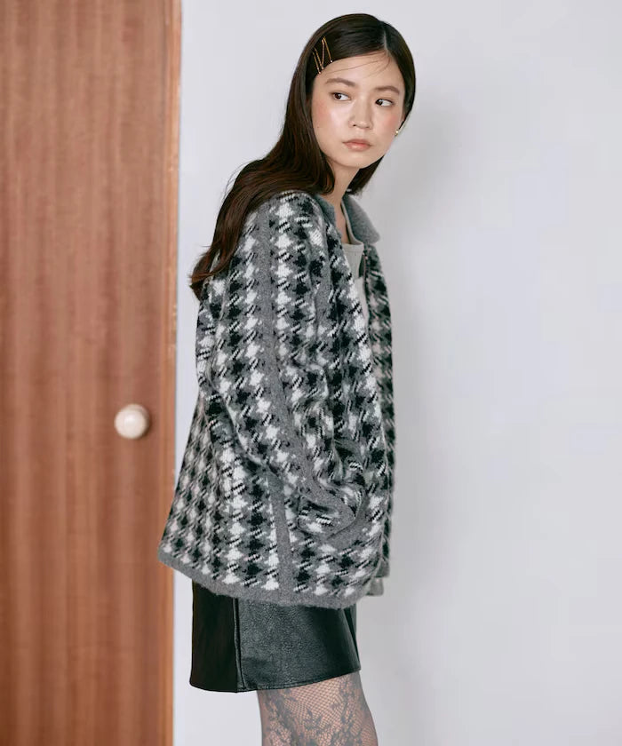 Wool Blend Gancube Check Knit Zip Blouson