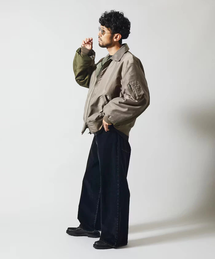 Flocked Denim Contrast Wide Straight Pants