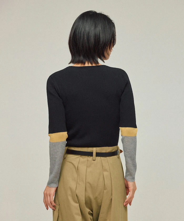 Functional material silk blend color block knit pullover / anti-pill / machine washable