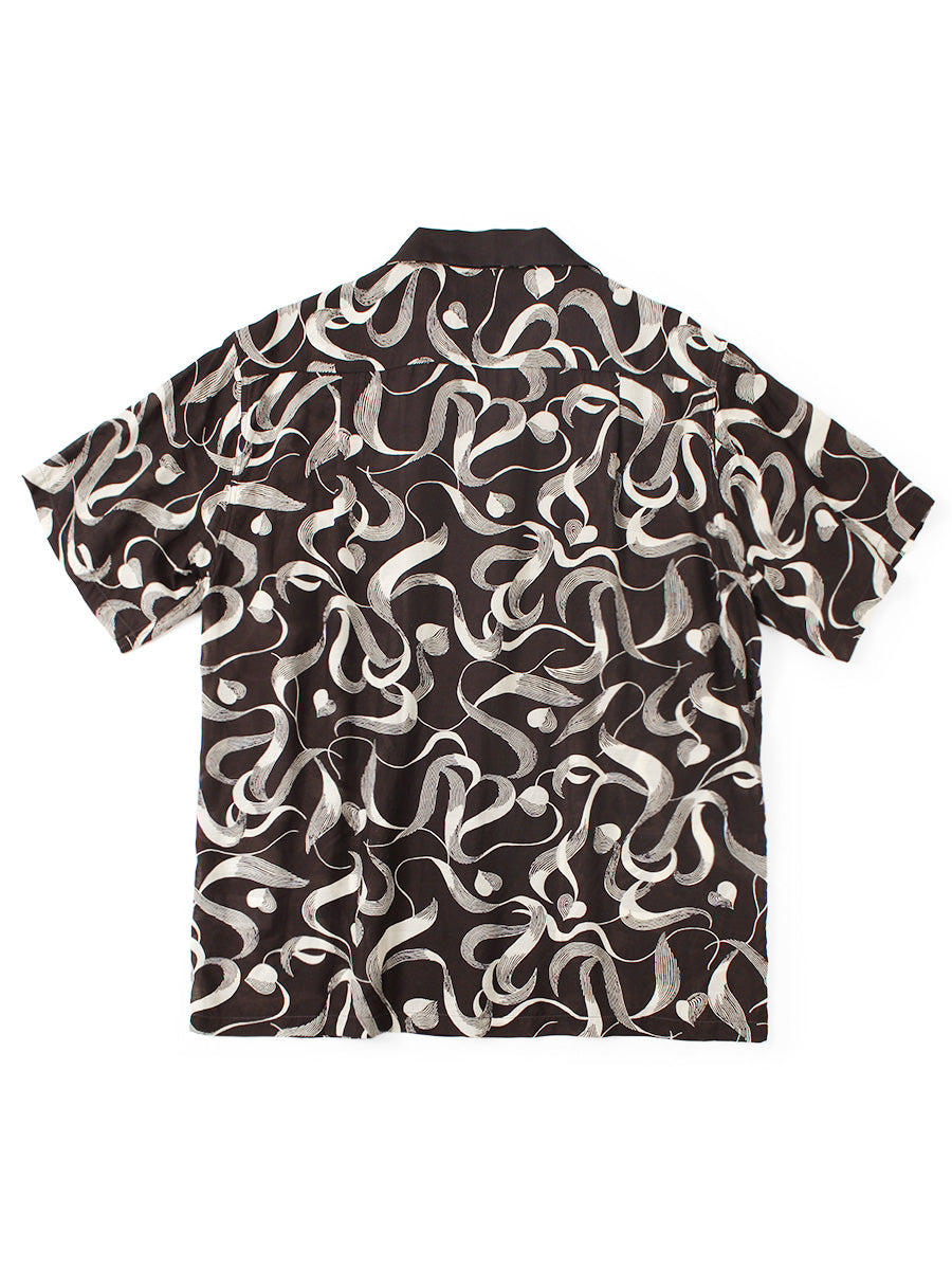 Silk rayon okra pattern short-sleeve open-collar shirt