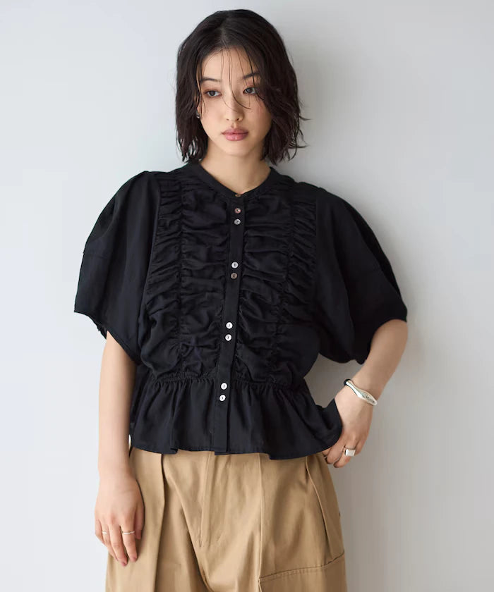 Sheer Shirring Volume Sleeve Blouse / 5 Short Sleeves