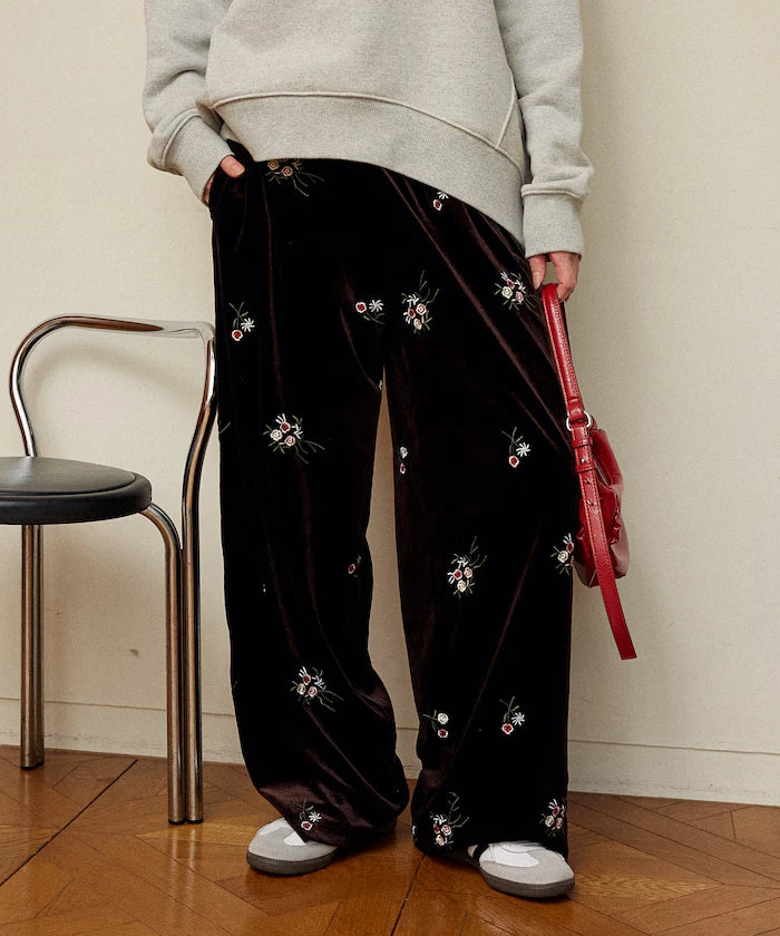 Flower Embroidery Velvet Easy Pants Limited Edition