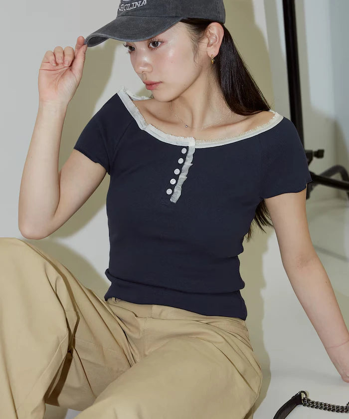 Collar Lace Contrast Henry Rib T-Shirt
