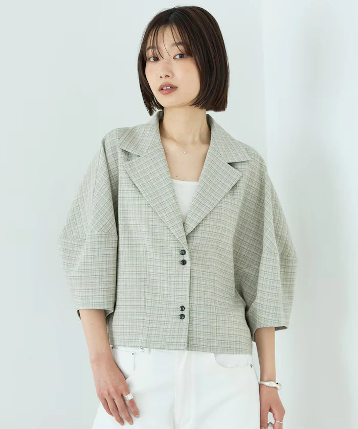 Collar Check Balloon Sleeve Shirt / Compatible with Setup