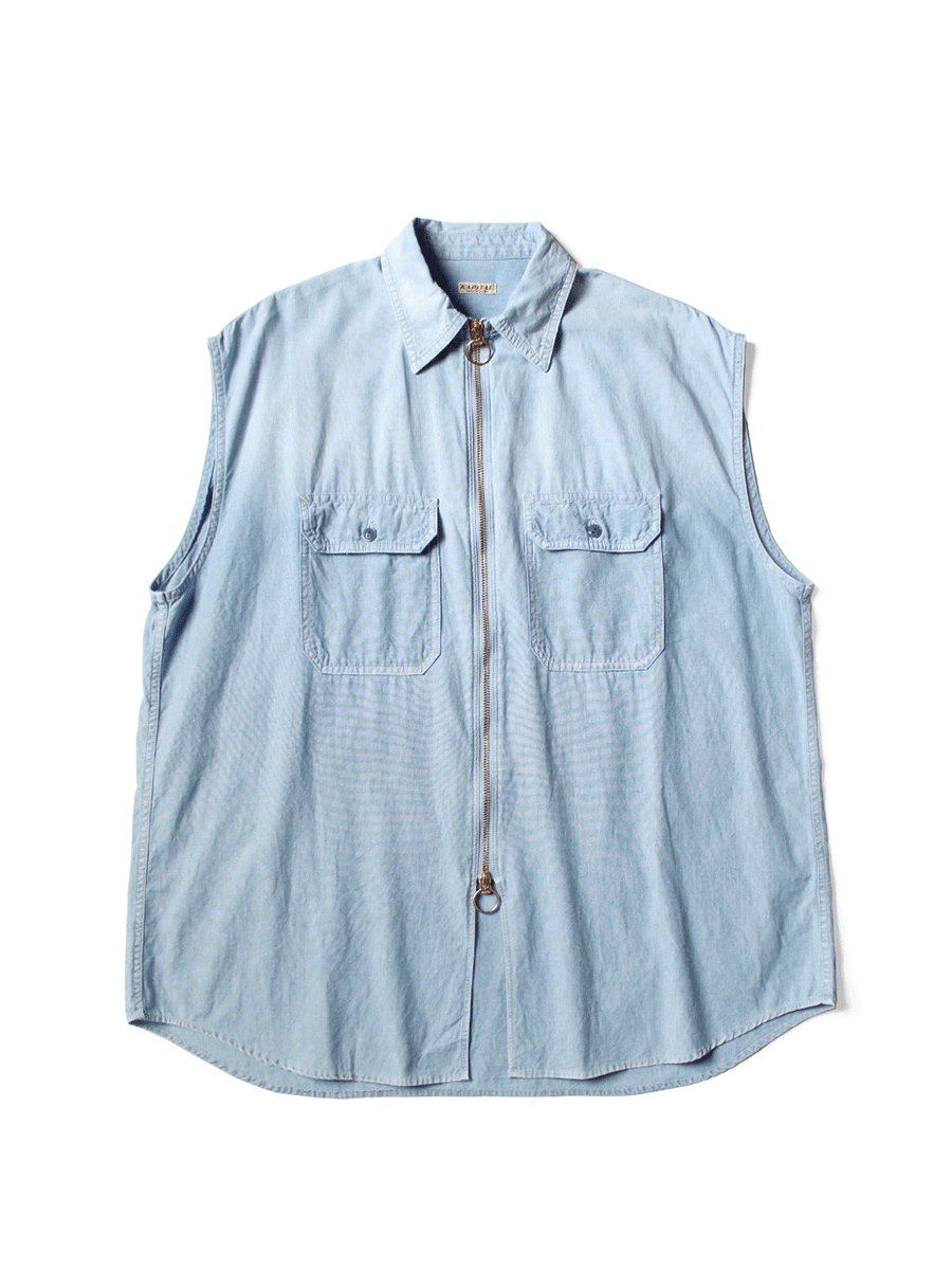 Chambray Sleeveless Zipper Work Shirt