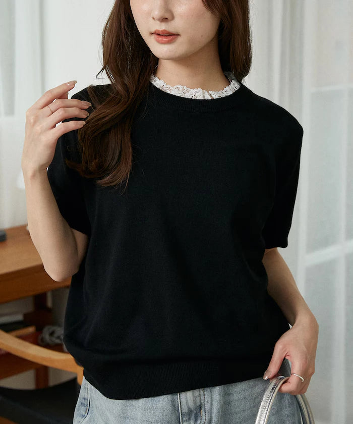 Lace Docking Short Sleeve Knit Top Limited Edition