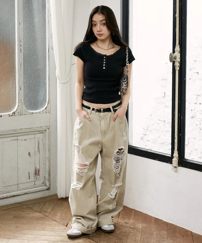 Collar Lace Contrast Henry Rib T-Shirt