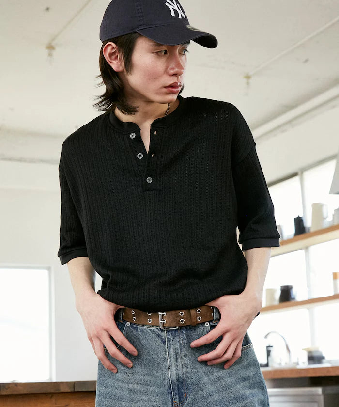 LOVE POP STUDIO Pattern Mesh Henley Neck T-Shirt Limited Release