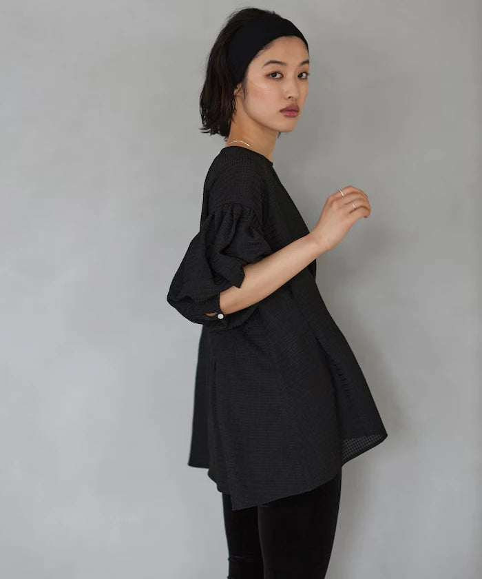 Sheer Check Balloon Sleeve Blouse