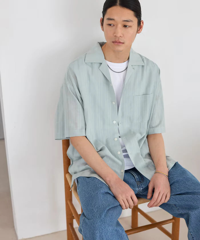 Jacquard Relaxed Fit Open Collar Short Sleeve Shirt Semi-Sheer Dobby Weave