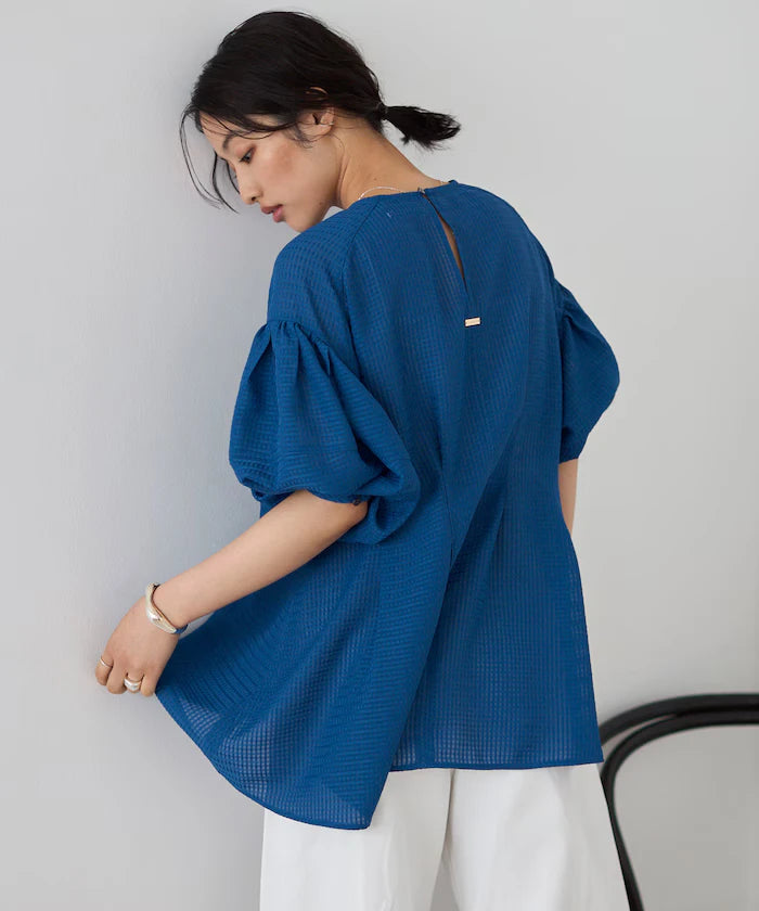 Sheer Check Balloon Sleeve Blouse