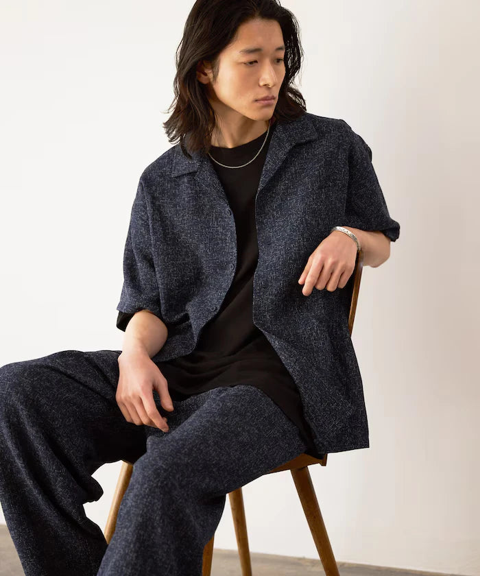 Dry Touch Summer Tweed Short Sleeve Open Collar Shirt