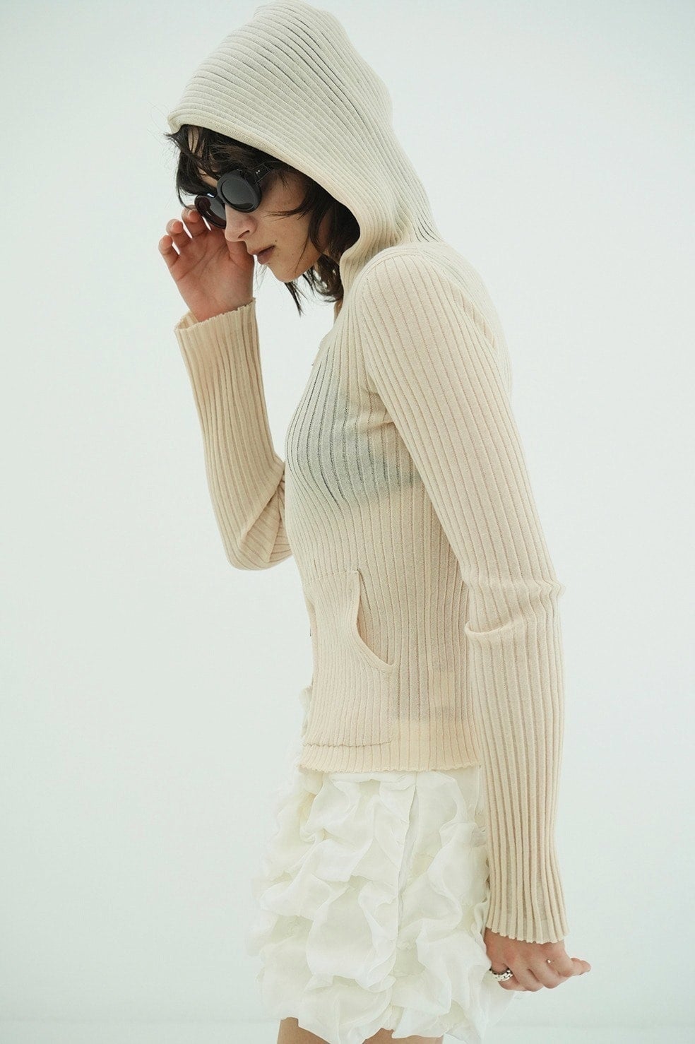 SHEER HOODED KNIT CARDIGAN