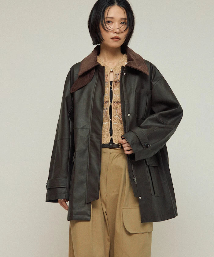 Oversized Crush Leatherette Jacket / Collar Corduroy
