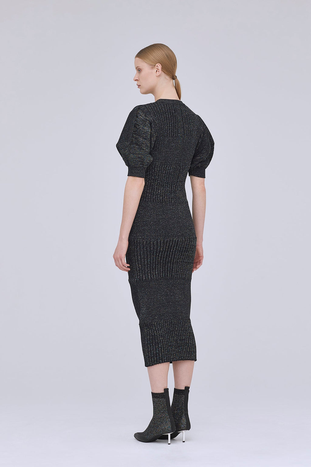 FLUTED GLITTER SHORT PUFF SLEEVE DRESS