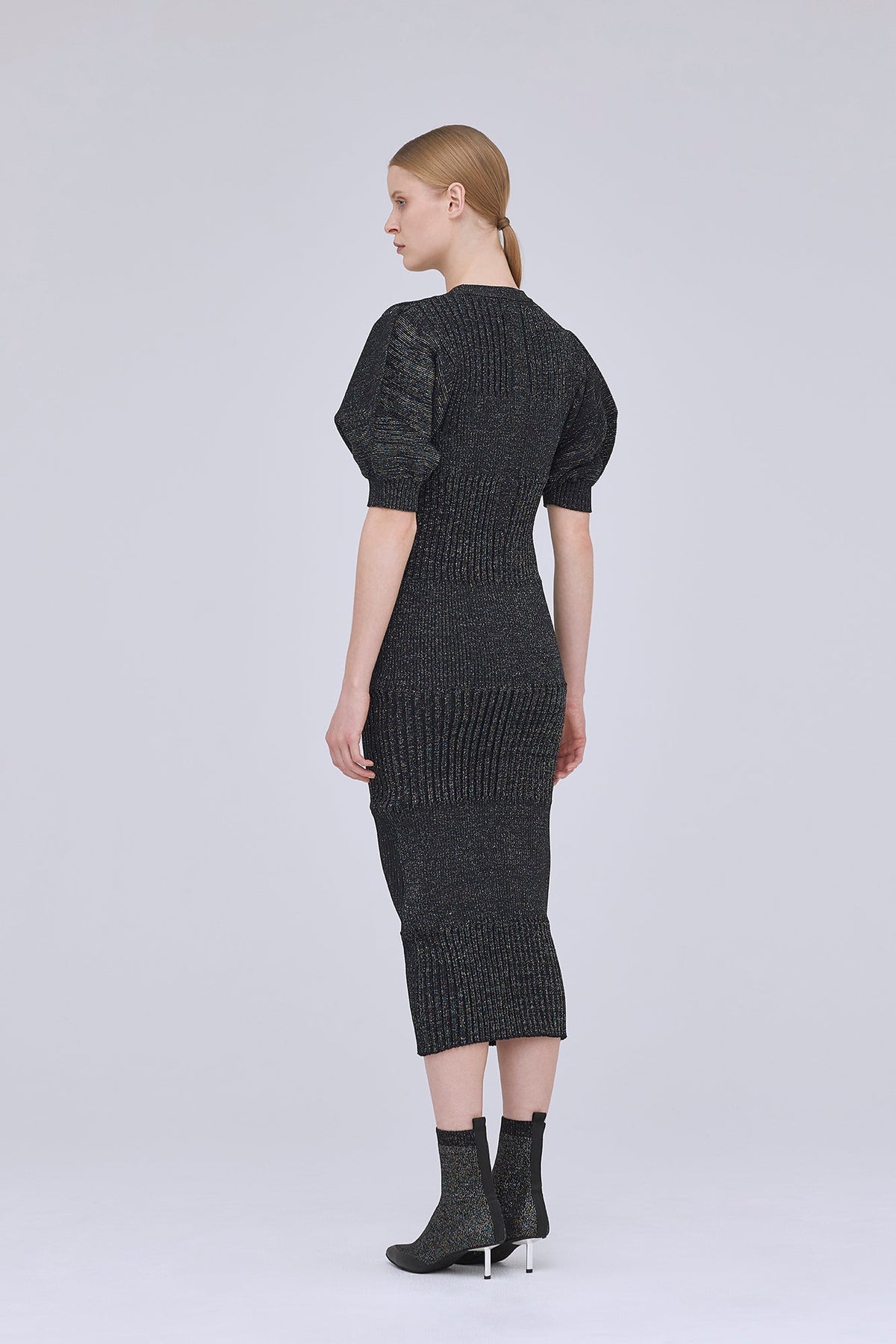 FLUTED GLITTER SHORT PUFF SLEEVE DRESS