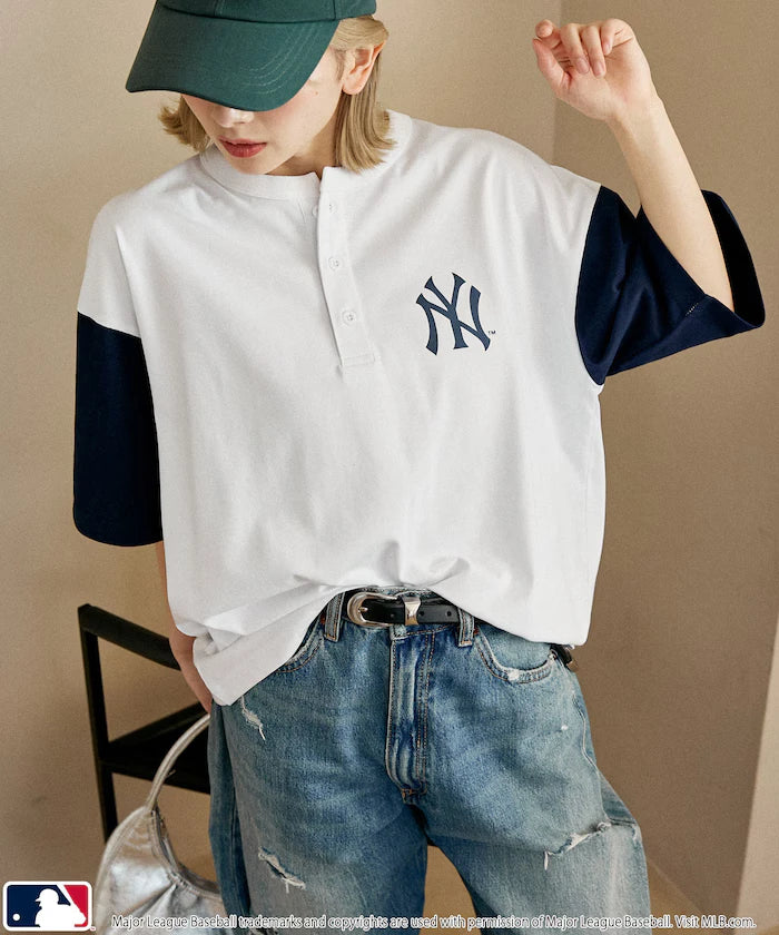 Limited Edition MLB Logo Print Henley Neck Oversized T-Shirt
