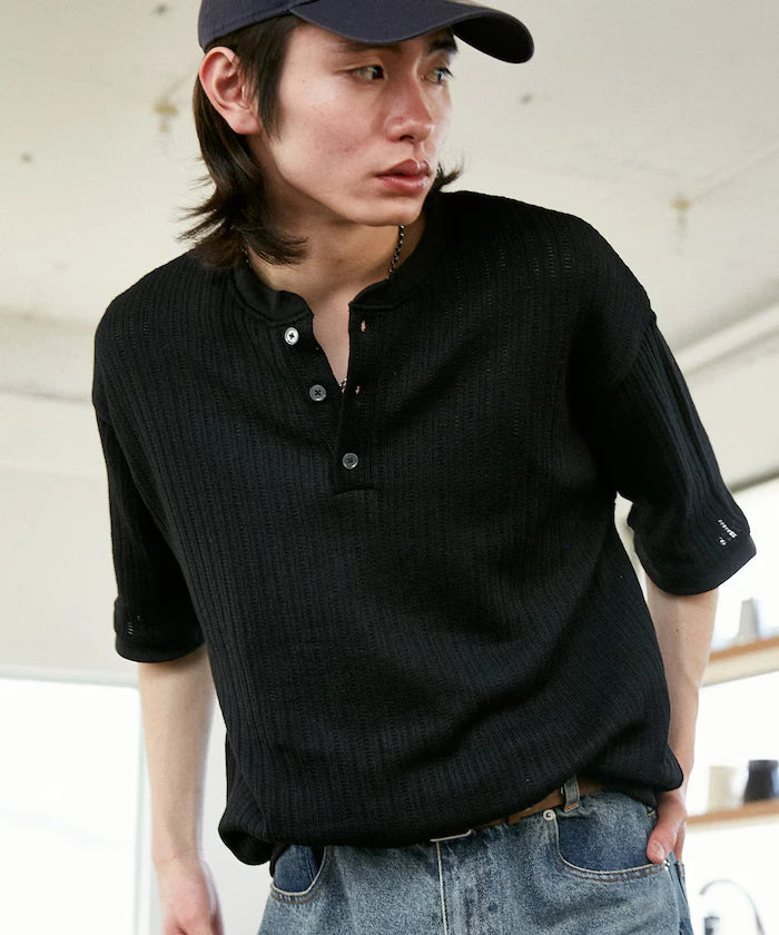 LOVE POP STUDIO Pattern Mesh Henley Neck T-Shirt Limited Release