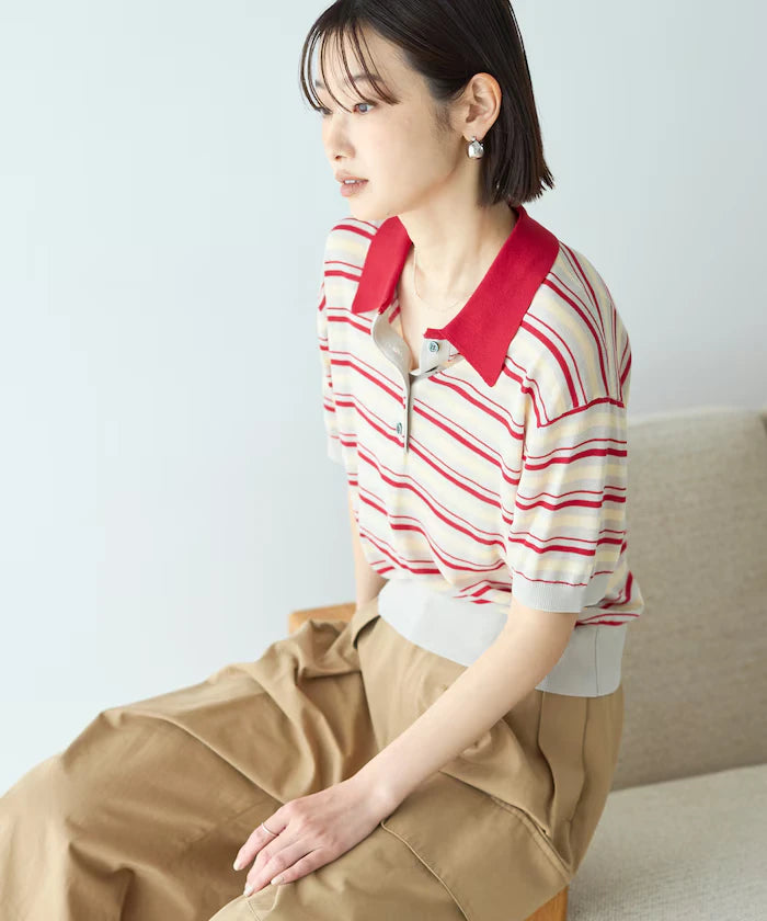 Relaxed Fit Color Design Polo Knit / Bicolor / Multi Stripe