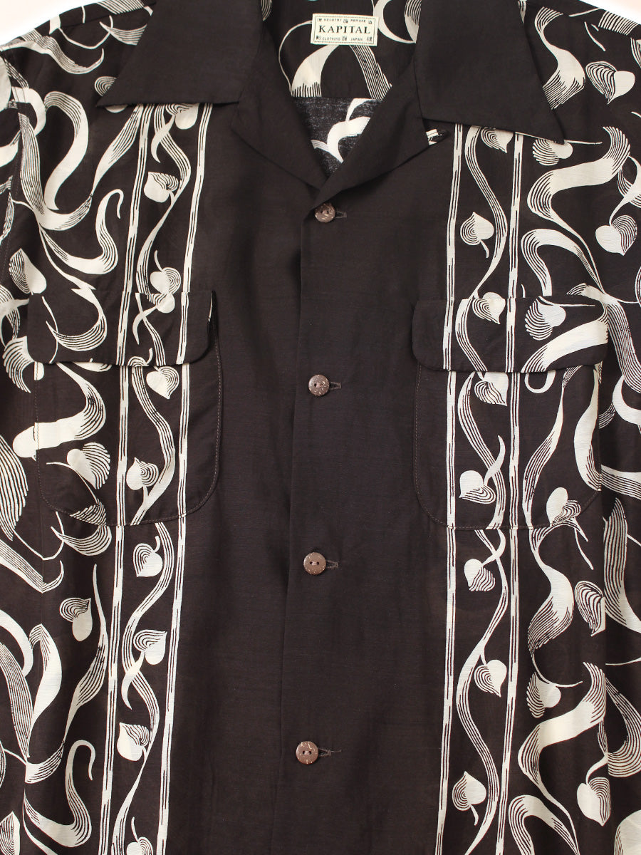 Silk rayon okra pattern short-sleeve open-collar shirt