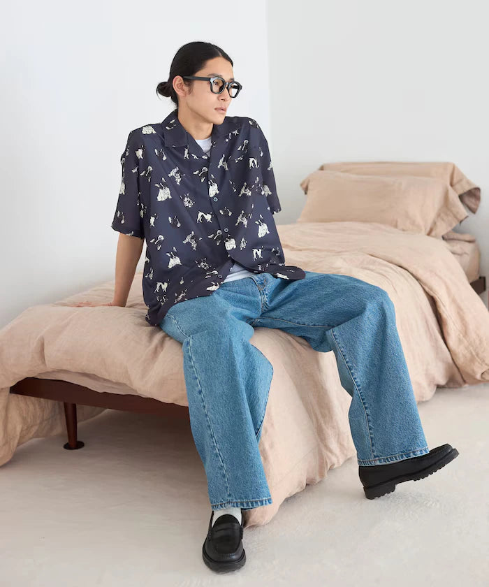 Mesh Open Collar Pattern Short Sleeve Shirt / Allover Design Open Collar Shirt / Big Silhouette