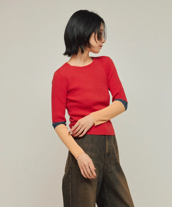 Functional material silk blend color block knit pullover / anti-pill / machine washable