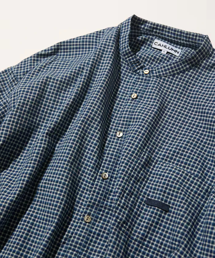 Indigo Madras Check Pullover Stand Collar Shirt