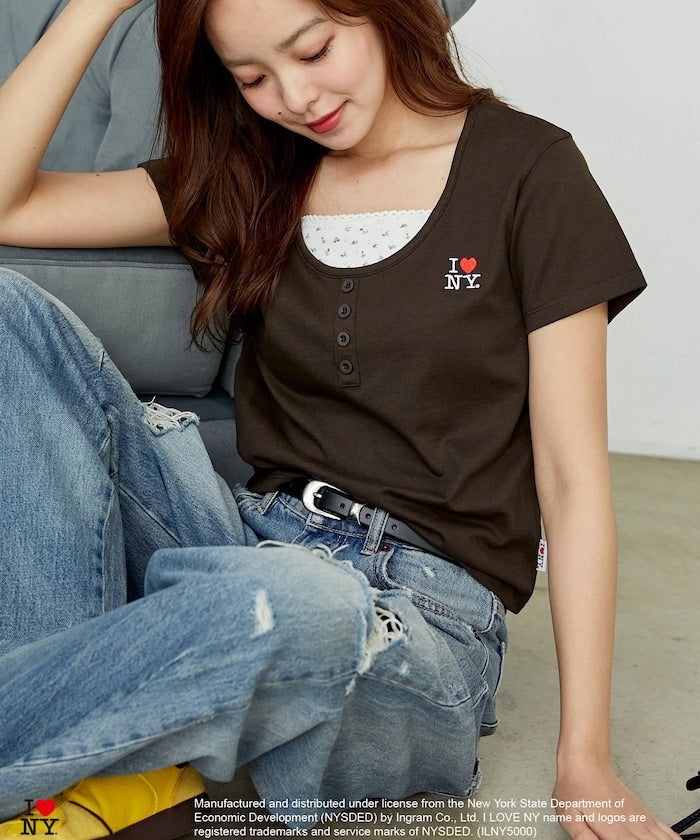 I LOVE NY Floral Pattern Layered Style Henley Neck T-Shirt Limited Edition