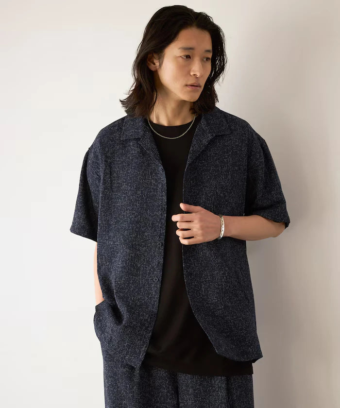 Dry Touch Summer Tweed Short Sleeve Open Collar Shirt
