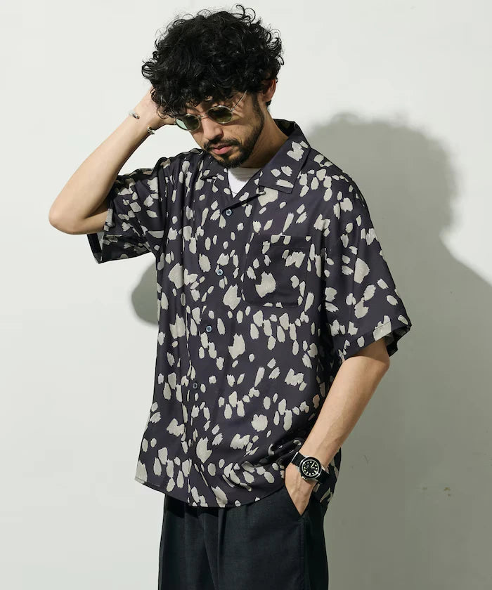 Mesh Open Collar Pattern Short Sleeve Shirt / Allover Design Open Collar Shirt / Big Silhouette
