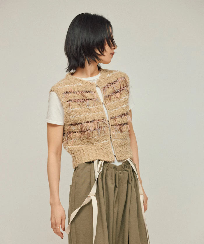 Mixed Material Fringe Knit Vest / Striped Knit Gilet