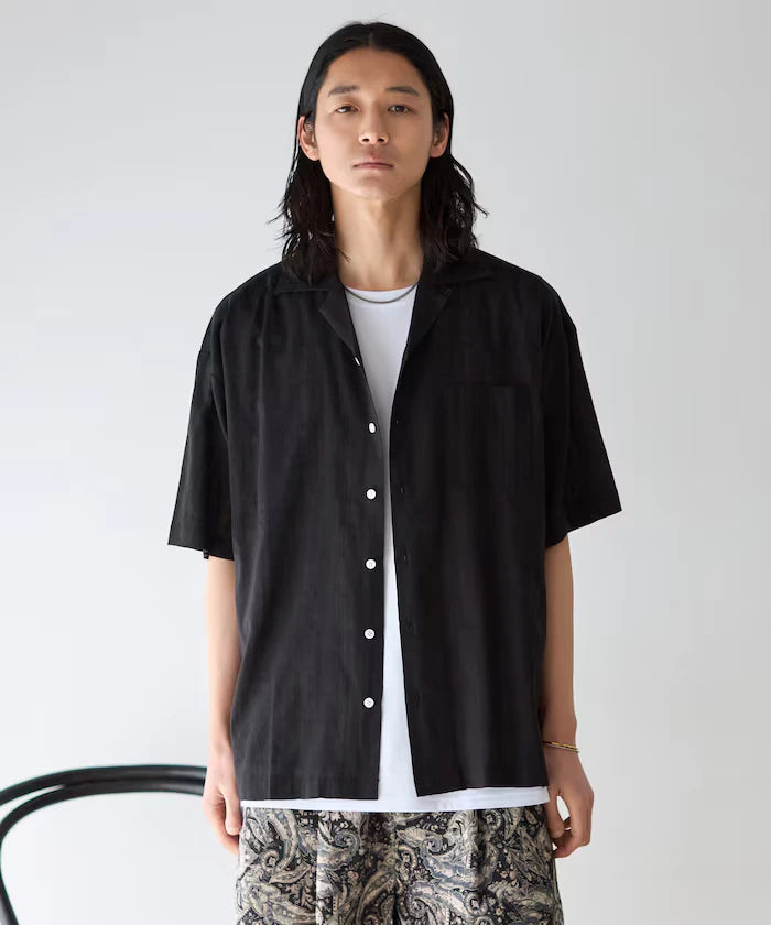 Jacquard Relaxed Fit Open Collar Short Sleeve Shirt Semi-Sheer Dobby Weave