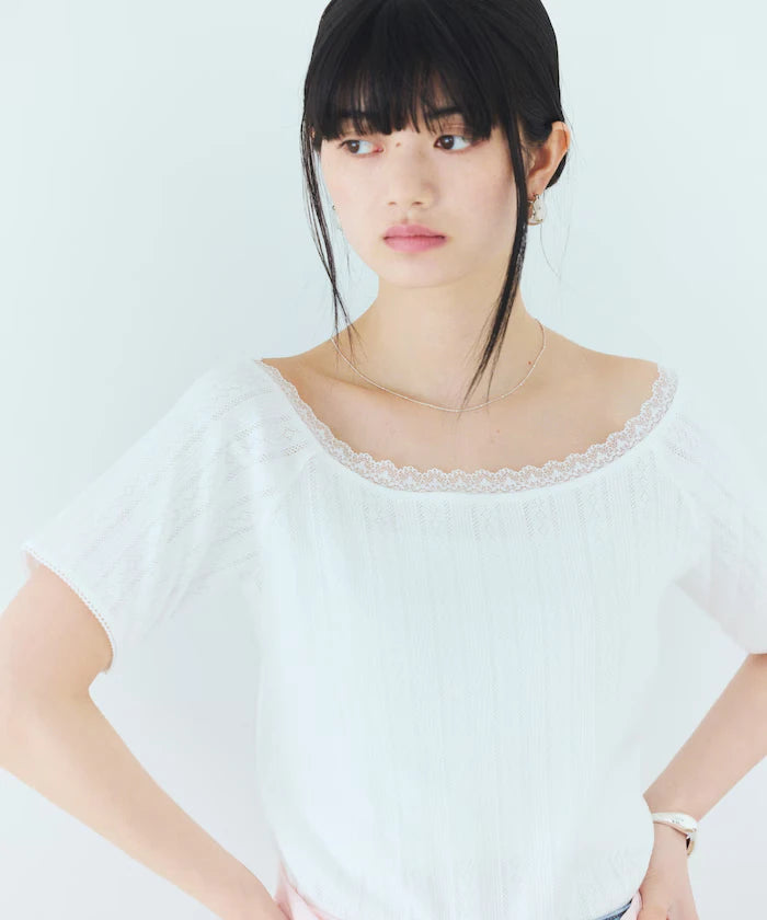Boat Neck Pullover Knit Lace T-Shirt