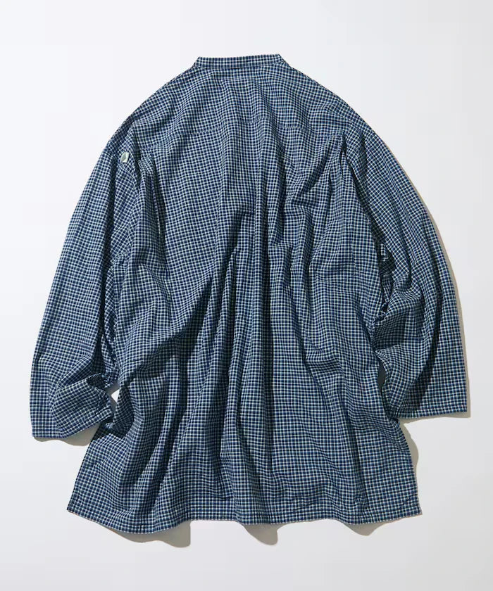 Indigo Madras Check Pullover Stand Collar Shirt