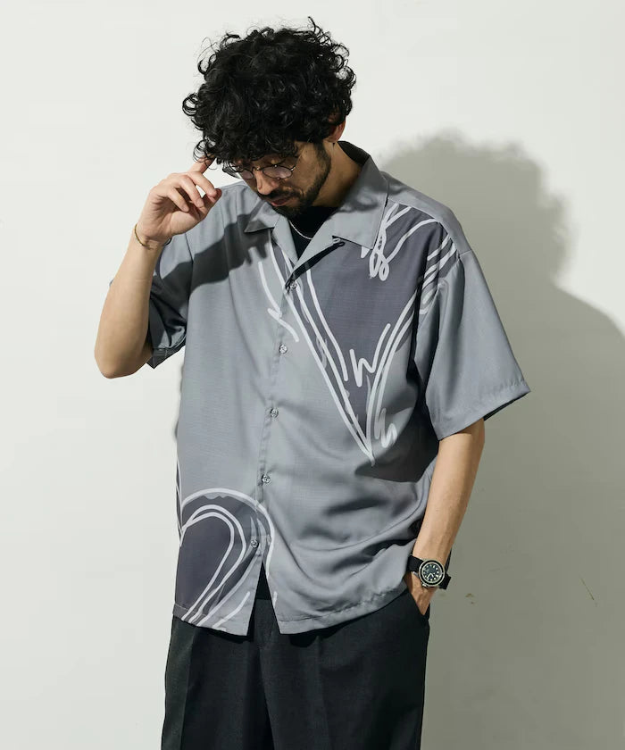Open Collar Big Pattern Short Sleeve Shirt / Big Silhouette