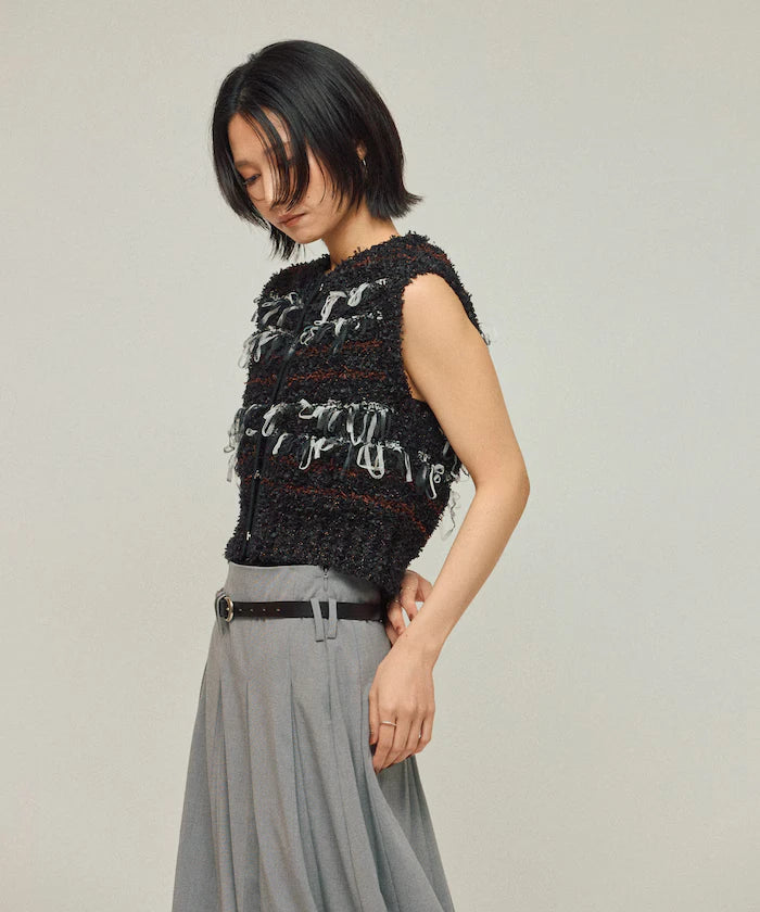 Mixed Material Fringe Knit Vest / Striped Knit Gilet