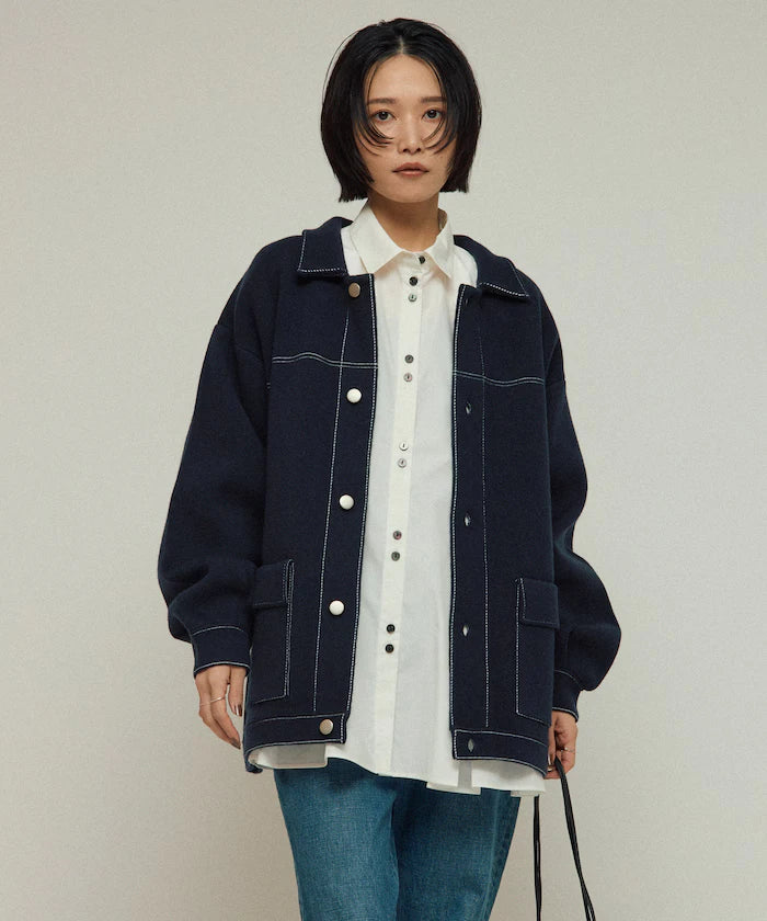 Oversized Wool Blend Knit Coverall / Color Stitch Knit Jacket