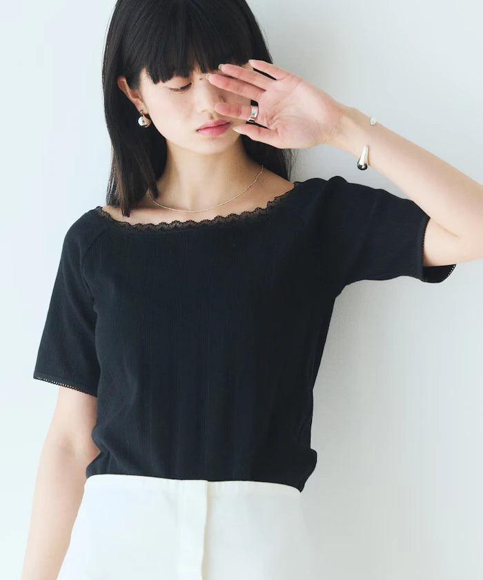 Boat Neck Pullover Knit Lace T-Shirt