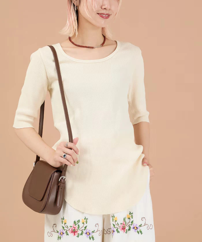 Ribbon Tied 2WAY Waffle 5 Sleeve T-Shirt