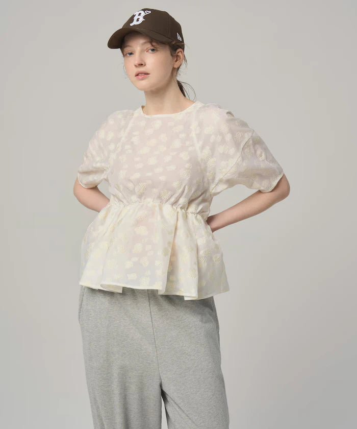 Flower Sheer Jacquard Volume Sleeve Peplum Blouse / 5 Minutes Sleeve