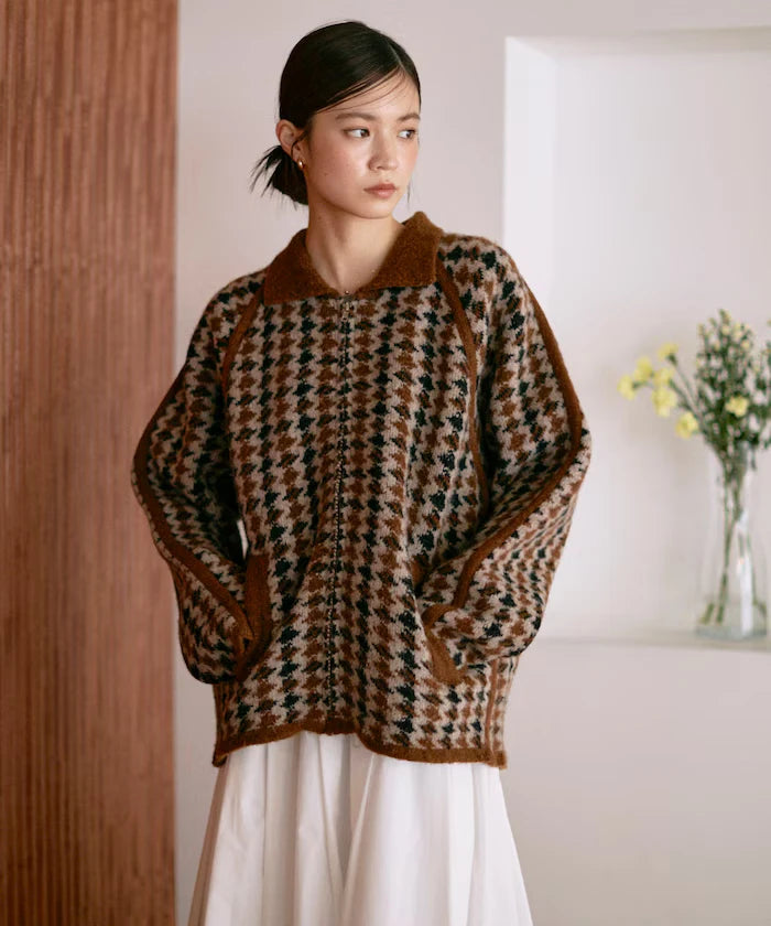Wool Blend Gancube Check Knit Zip Blouson