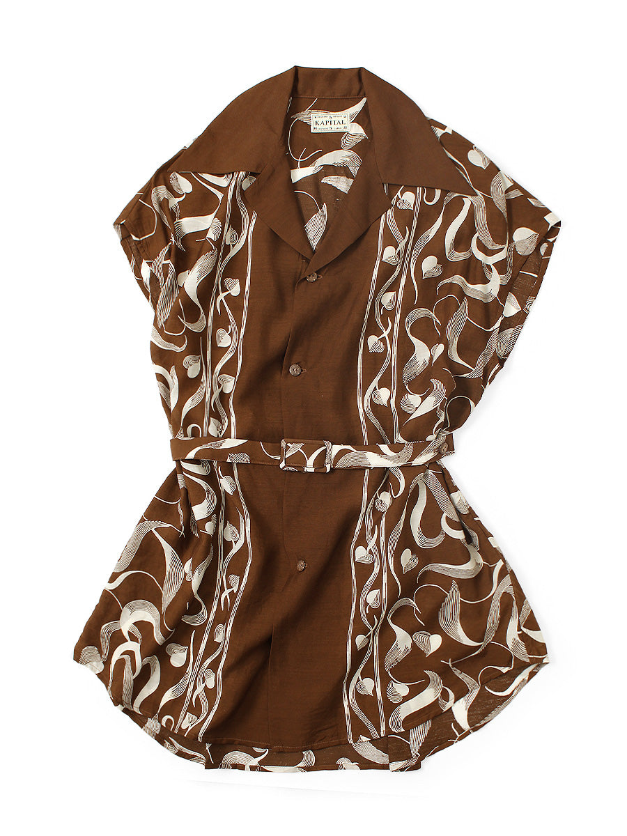 Silk Rayon Okra Pattern French Sleeve Open Collar Shirt