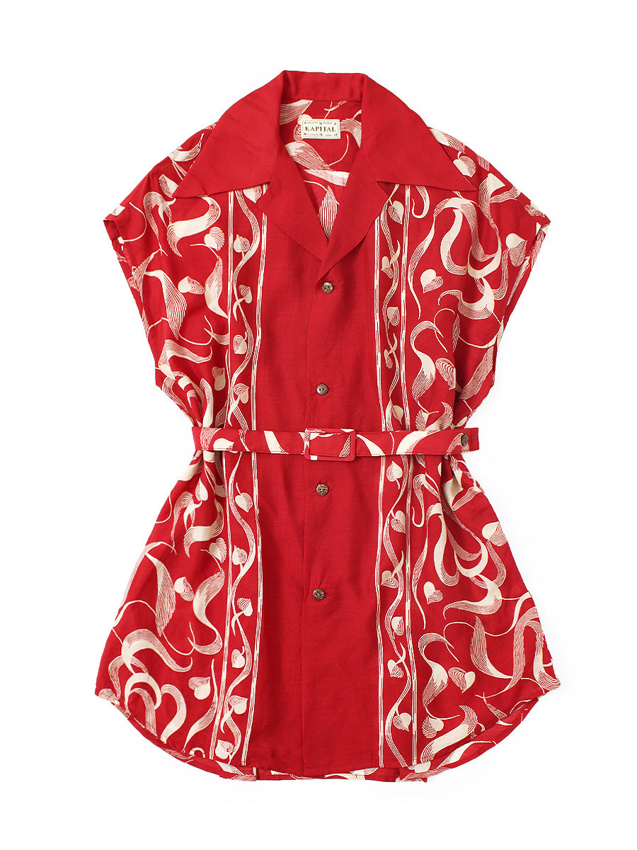 Silk Rayon Okra Pattern French Sleeve Open Collar Shirt