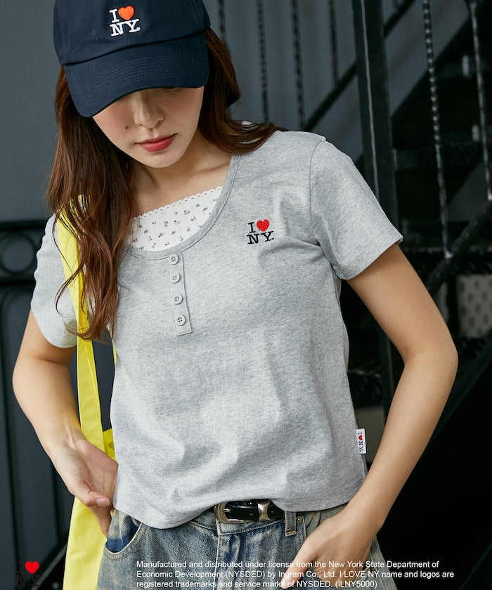 I LOVE NY Floral Pattern Layered Style Henley Neck T-Shirt Limited Edition