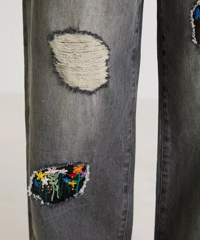 Flower Embroidery Wide Denim