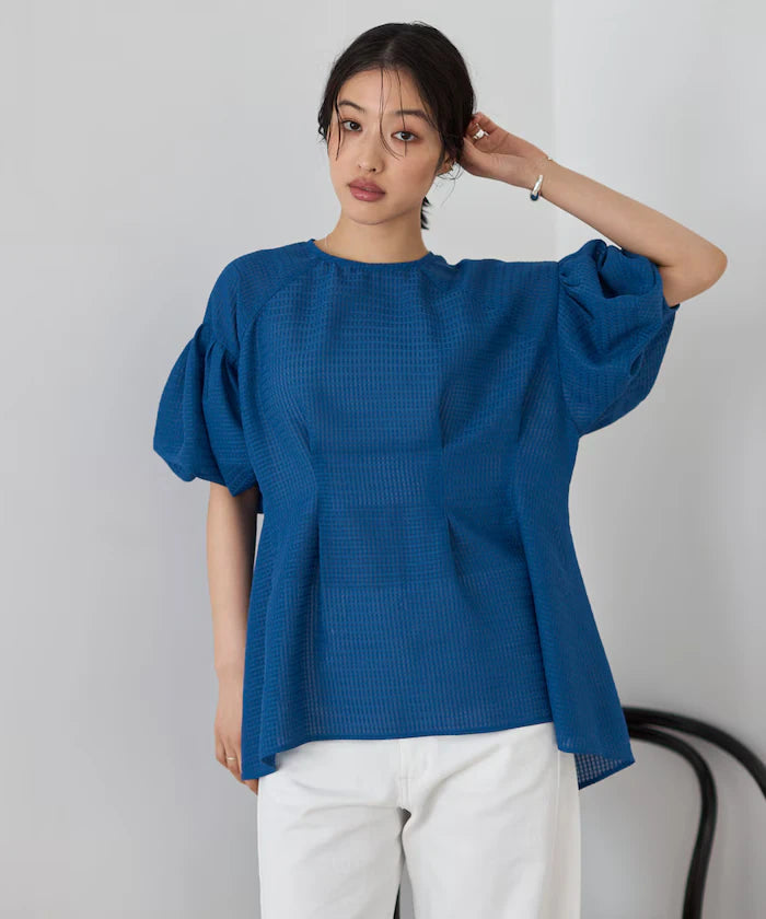 Sheer Check Balloon Sleeve Blouse